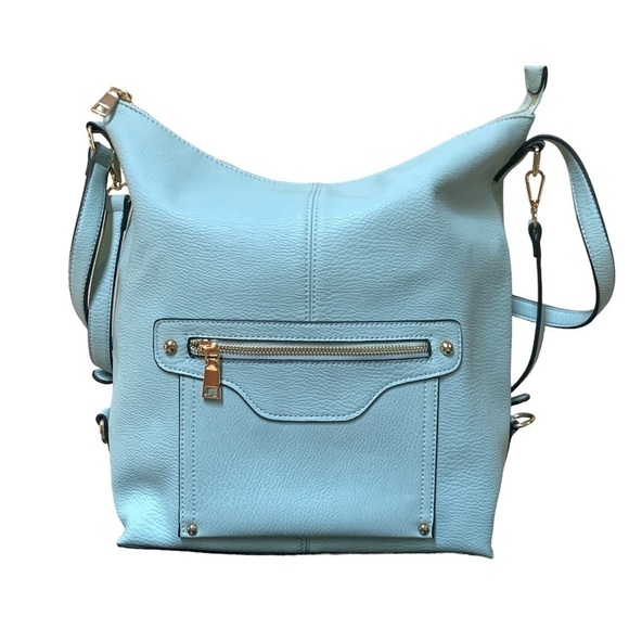 Convertible Oversized Vegan Leather Light Blue Hobo Bag - Picture 1 of 13